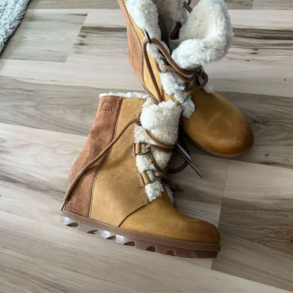 Sorel Joan Of Arctic Wedge Shearling 9.5 Boots Leather Camel
